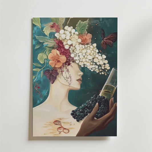 Floral Art With Butterflies And Grapes Poster
