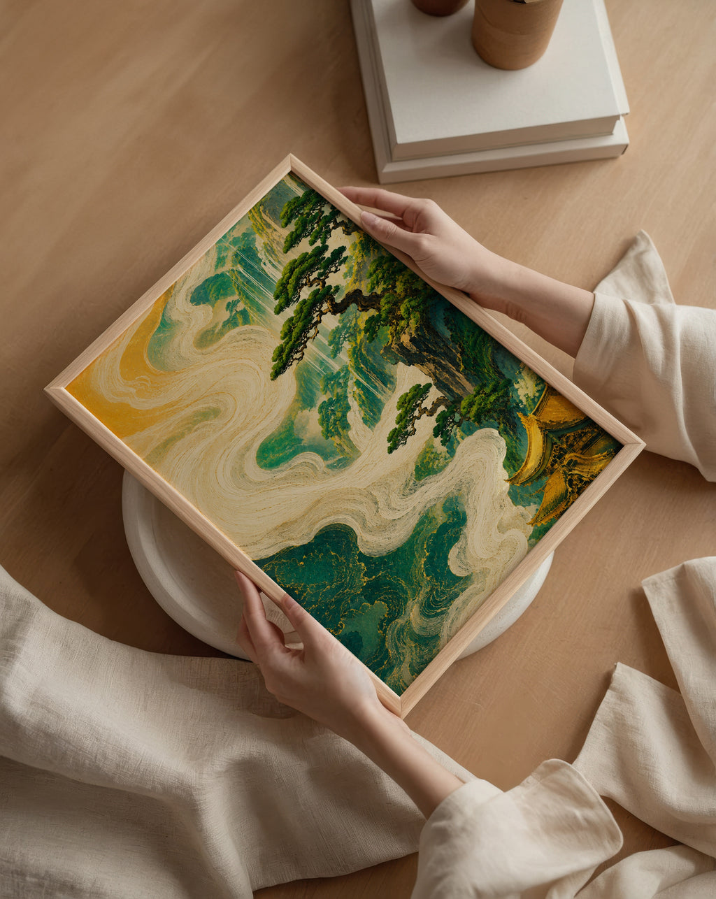 Jade Cascade affisch i minimalistiskt sovrum – köp enkelt hos Bozetto i hög kvalitet