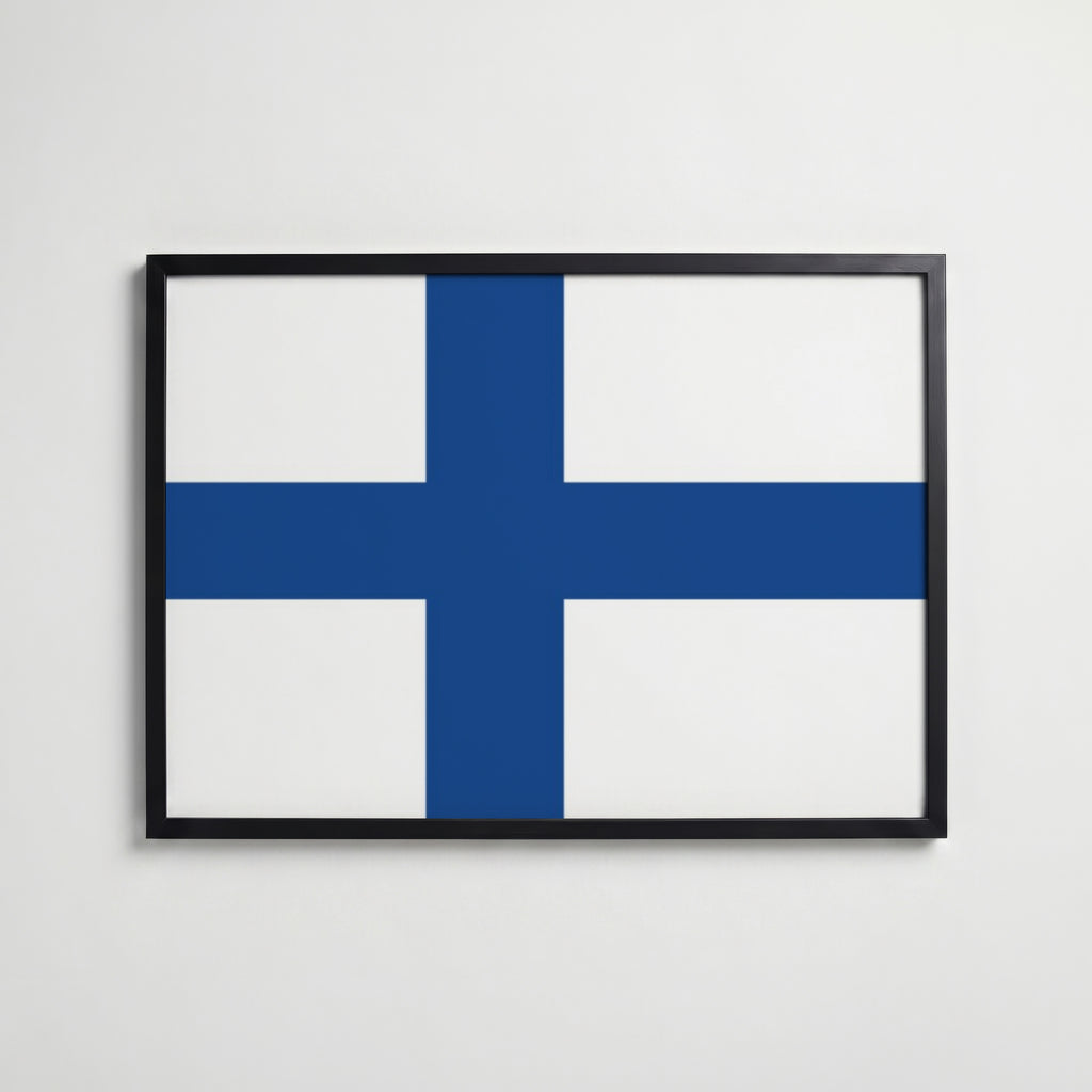 Finland National Flag Poster i svart ram – stilren konsttryck som väggdekor från Bozetto