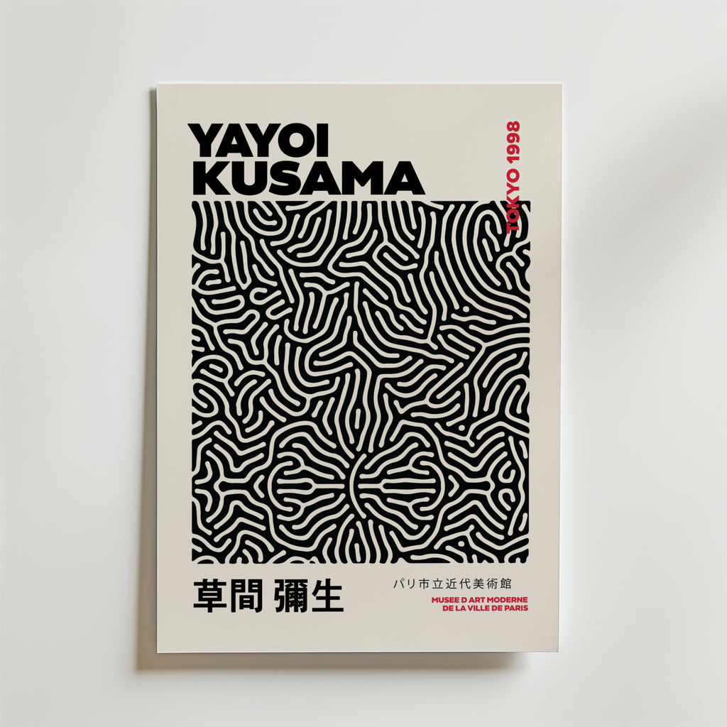 Mockup av Yayoi Kusama Infinity Lines affisch på vägg – köp enkelt hos Bozetto i hög kvalitet