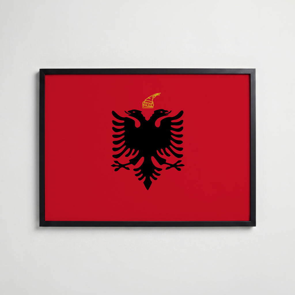 Albania National Flag Poster i svart ram – stilren konsttryck som väggdekor från Bozetto