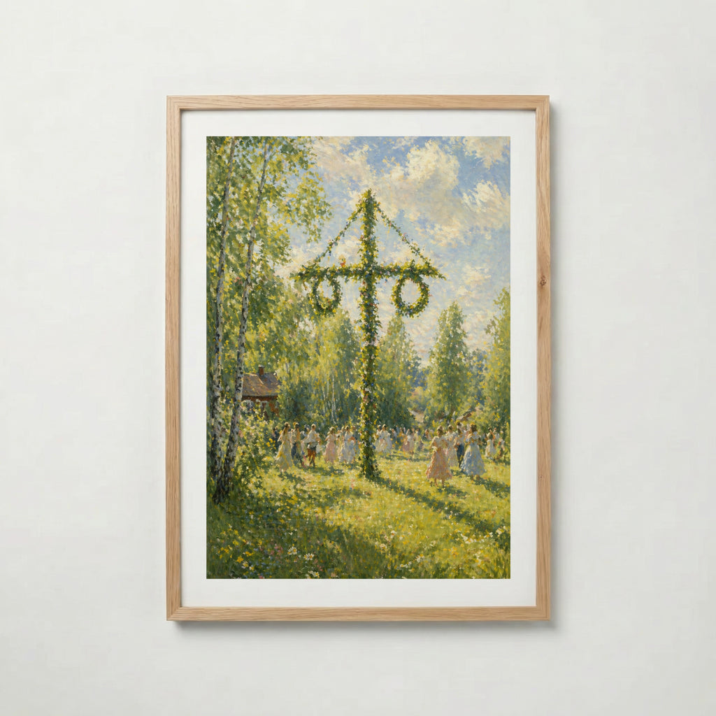 Midsommar poster inramad i ljus ekram med naturligt träutseende – från Bozetto i hög tryckkvalitet