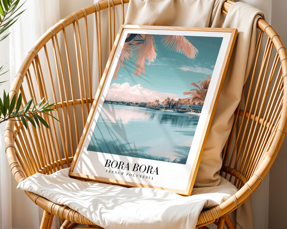 Mockup av Dreams Of Bora Bora affisch på vägg – köp enkelt hos Bozetto i hög kvalitet