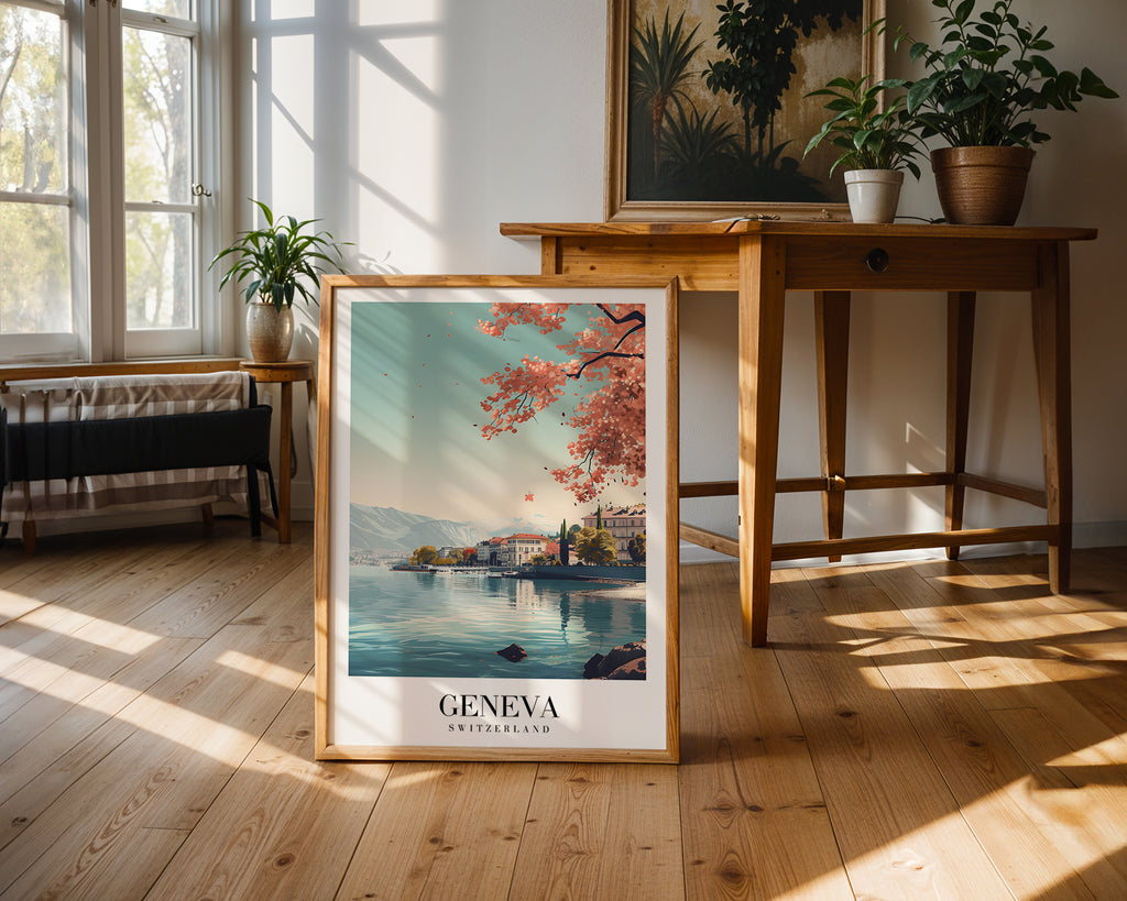 Väggmockup med Spring Light Over Geneva – köp enkelt hos Bozetto affisch i hög kvalitet