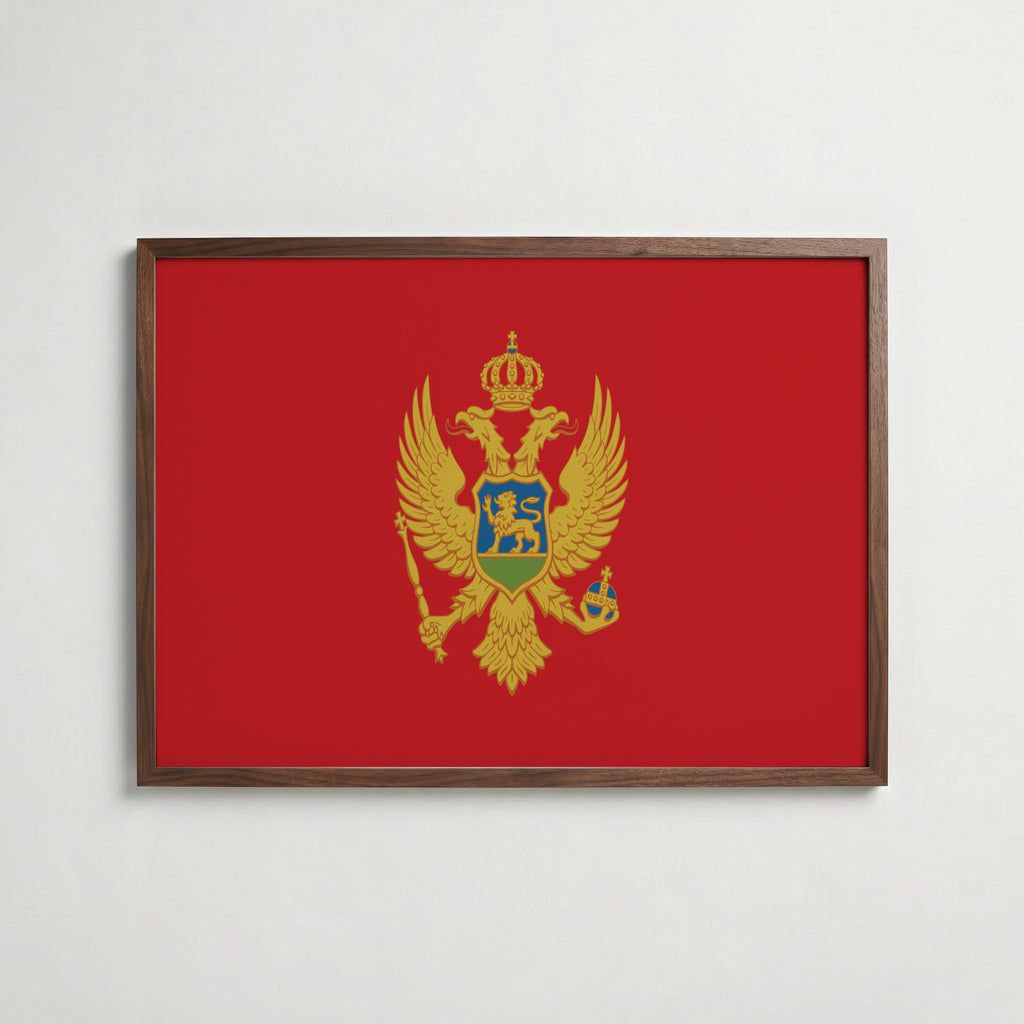 Montenegro National Flag Poster i valnötsram – varm konstaffisch för hemmet från Bozetto