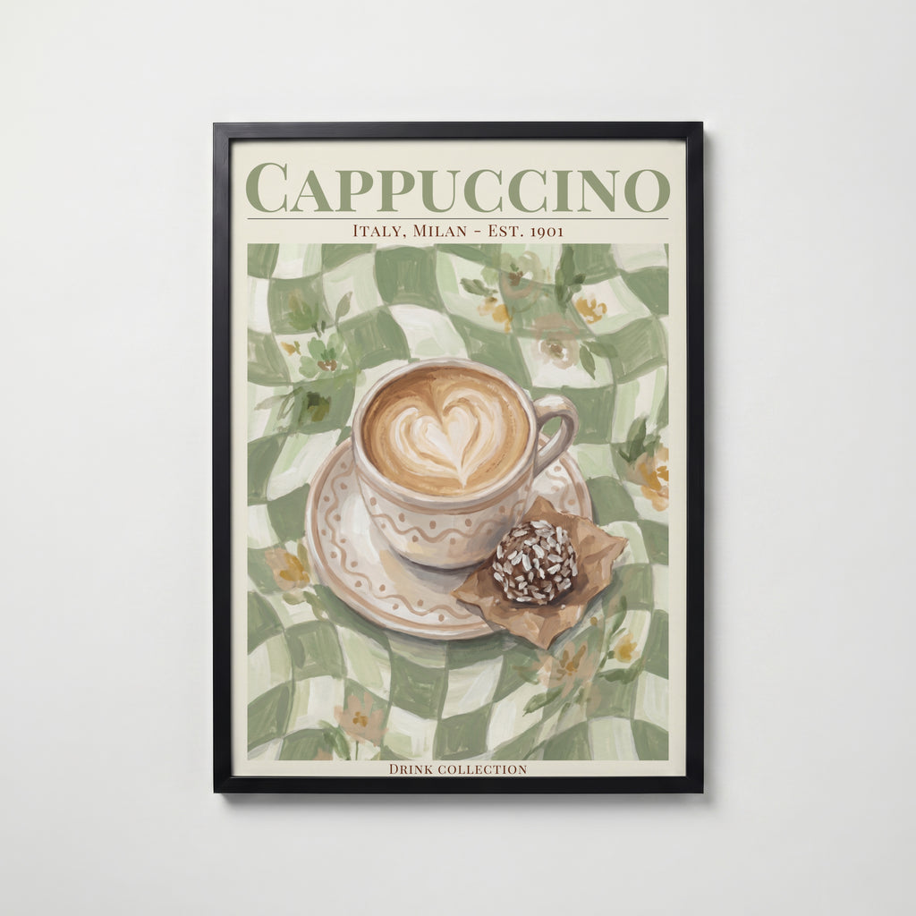 Cappuccino affisch i modern svart ram – stark kontrast och stil, Bozetto poster i hög tryckkvalitet