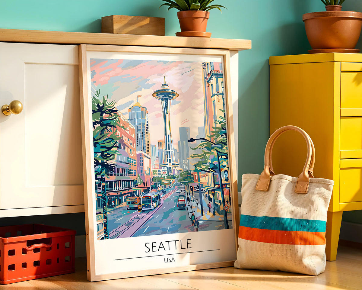 Mockup av Seattle Space View affisch på vägg – köp enkelt hos Bozetto i hög kvalitet