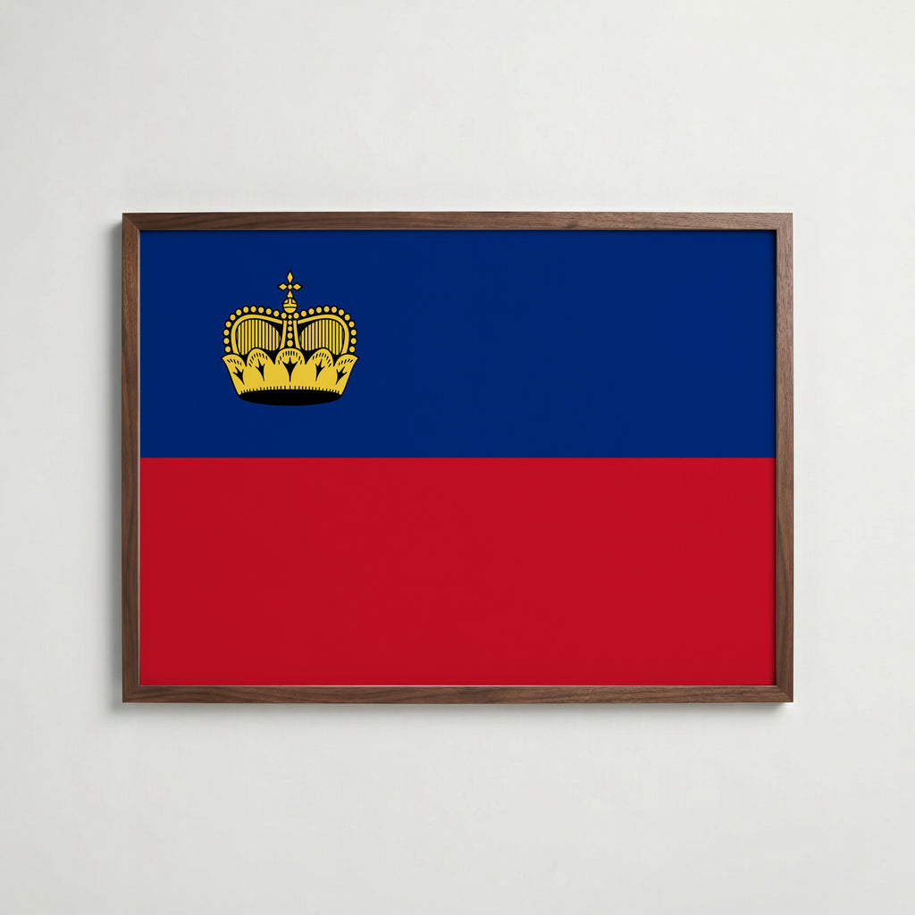 Liechtenstein National Flag Poster i valnötsram – varm konstaffisch för hemmet från Bozetto