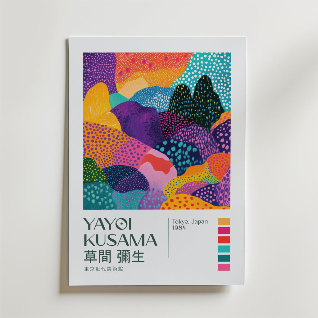 Mockup av Yayoi Kusama Infinite Color affisch på vägg – köp enkelt hos Bozetto i hög kvalitet