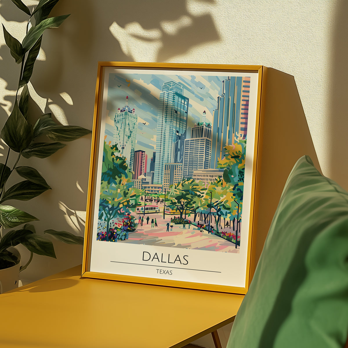 Mockup av Dallas Skyline affisch på vägg – köp enkelt hos Bozetto i hög kvalitet