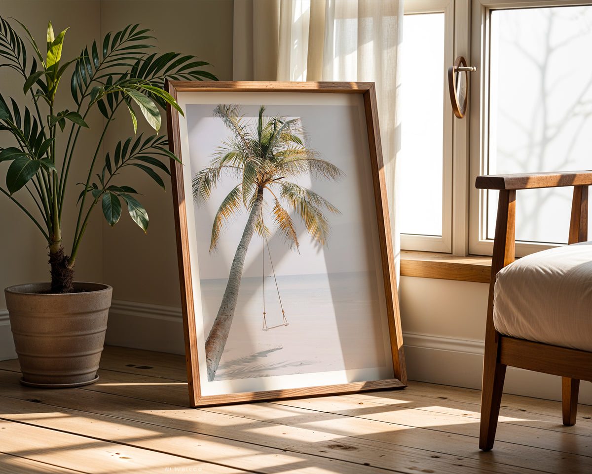 Väggmockup av Palm Swing affisch på ljus tegelvägg – Bozetto konsttryck i hög tryckkvalitet