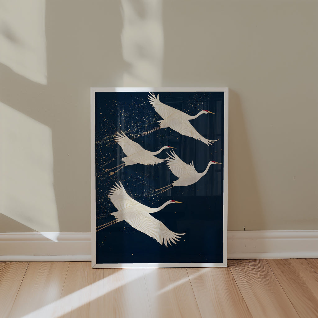 Mockup av Midnight Cranes affisch på vägg – köp enkelt hos Bozetto i hög kvalitet