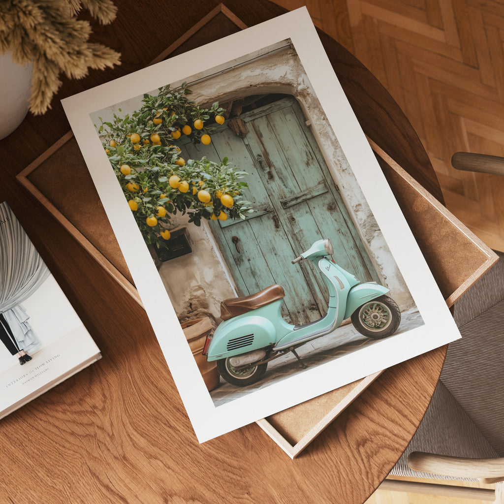 Italian Vespa poster visad rakt fram – Bozetto affisch i hög tryckkvalitet i hög tryckkvalitet