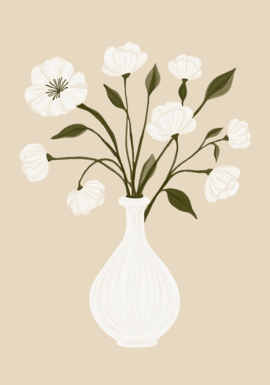 Minimalist Floral White Vase poster visad rakt fram – Bozetto affisch i hög tryckkvalitet