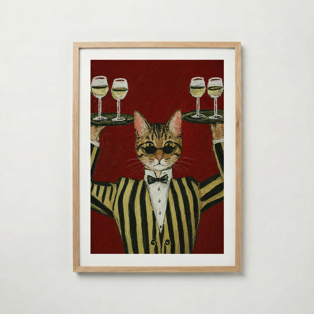 Champagne Cat i ekram med ljust trä – köp enkelt hos Bozetto affisch i hög kvalitet