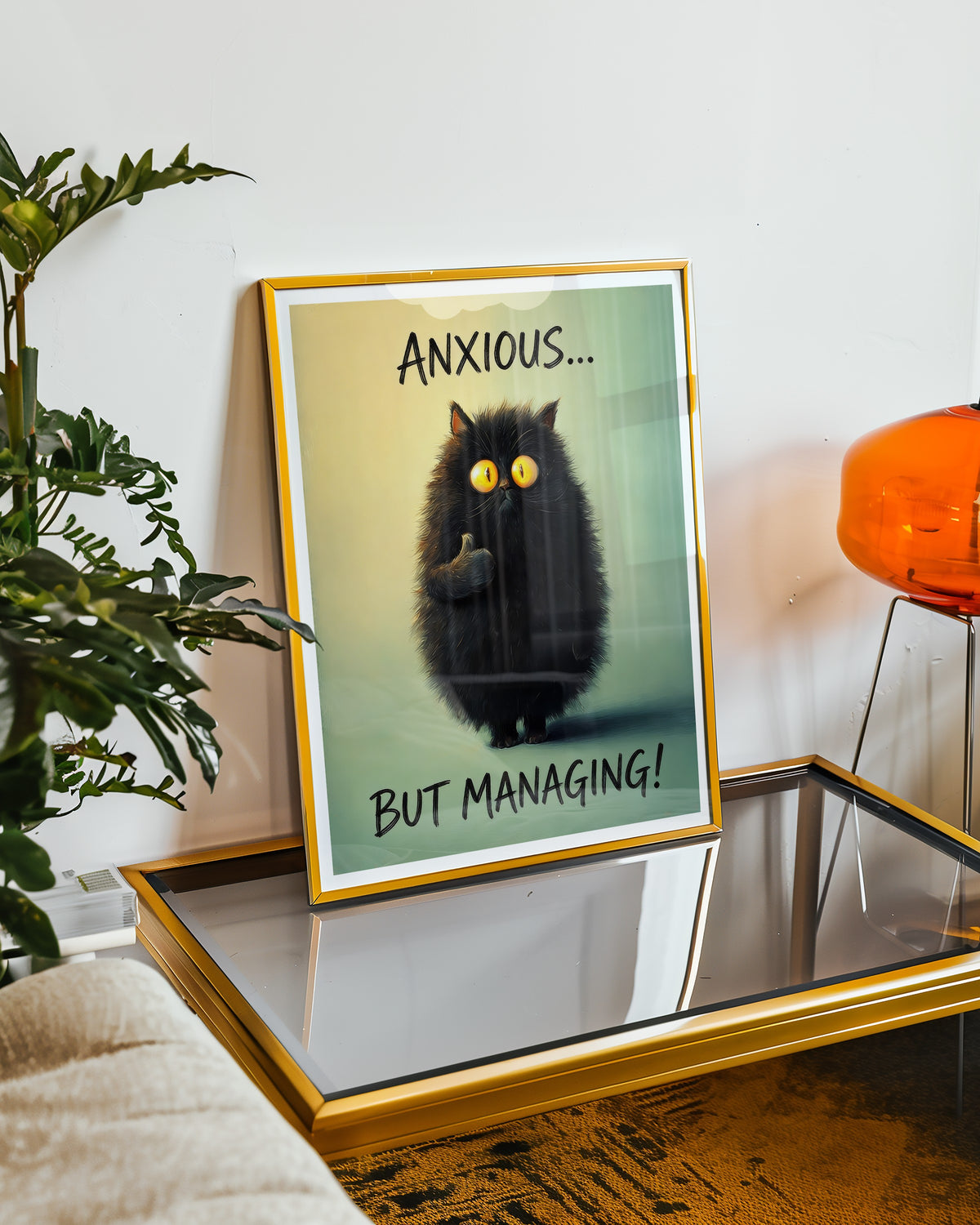 Mockup av Anxious But Managing affisch på vägg – köp enkelt hos Bozetto i hög kvalitet