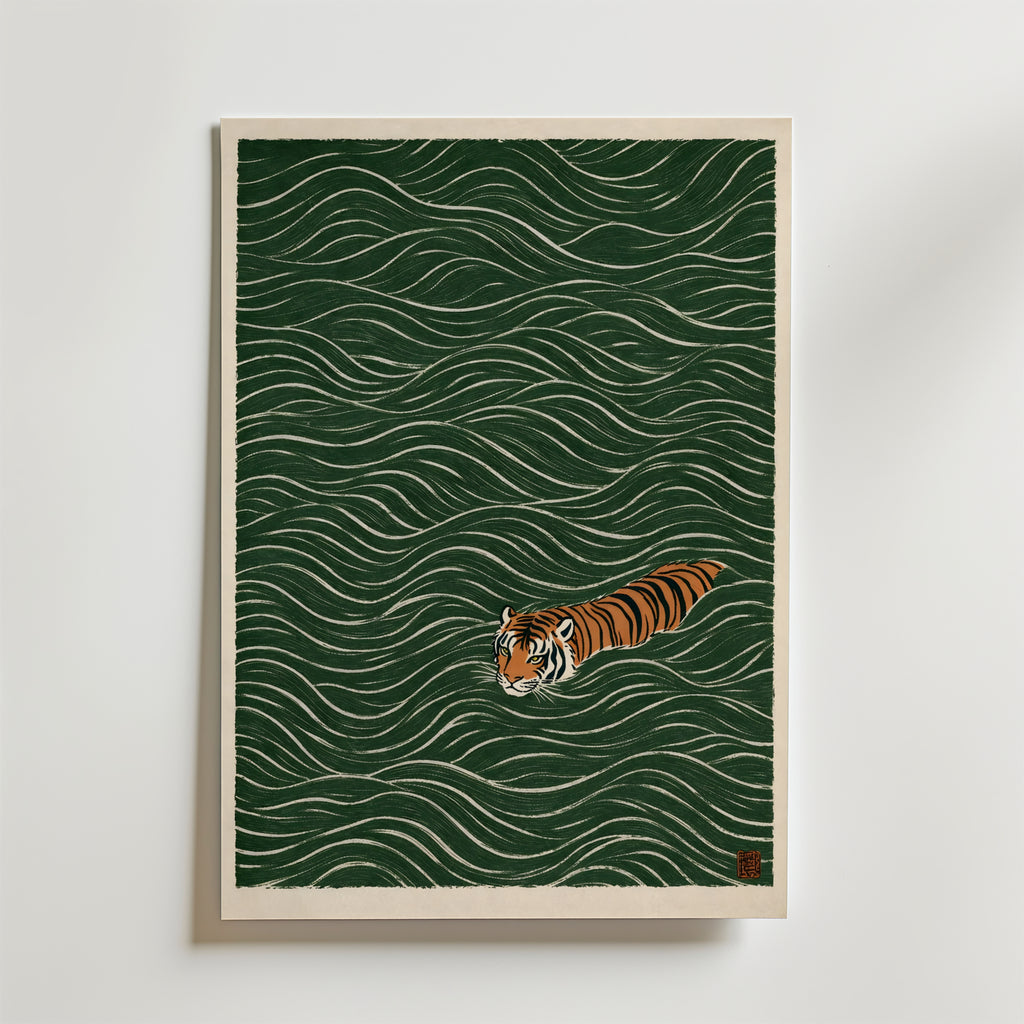 Swimming Tiger – stilfullt konsttryck från Bozetto, tryckt på matt finpapper i hög tryckkvalitet