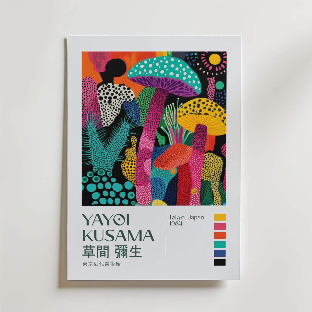 Mockup av Yayoi Kusama Enchanted affisch på vägg – köp enkelt hos Bozetto i hög kvalitet