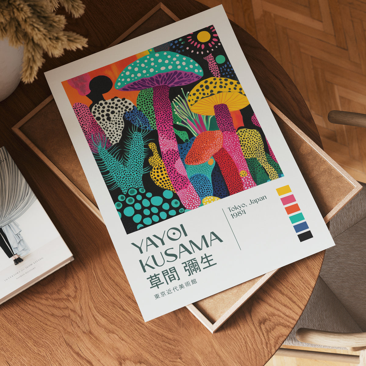 Väggmockup av Yayoi Kusama Enchanted Forest affisch på ljus vägg – Bozetto konsttryck