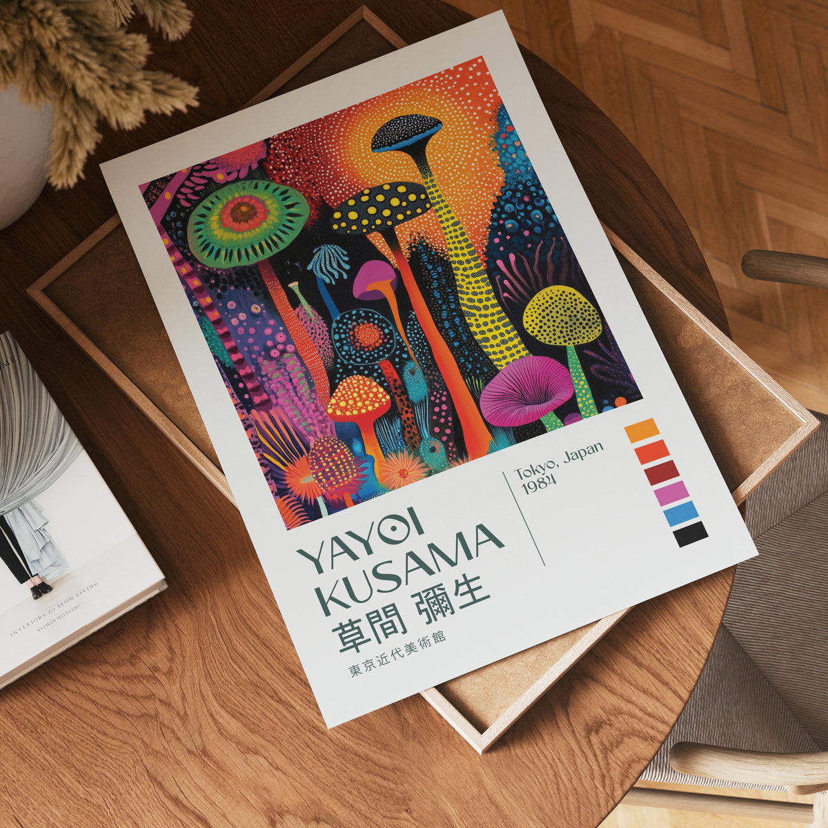 Visualisering av Yayoi Kusama Midnight Garden poster på vägg – köp enkelt hos Bozetto