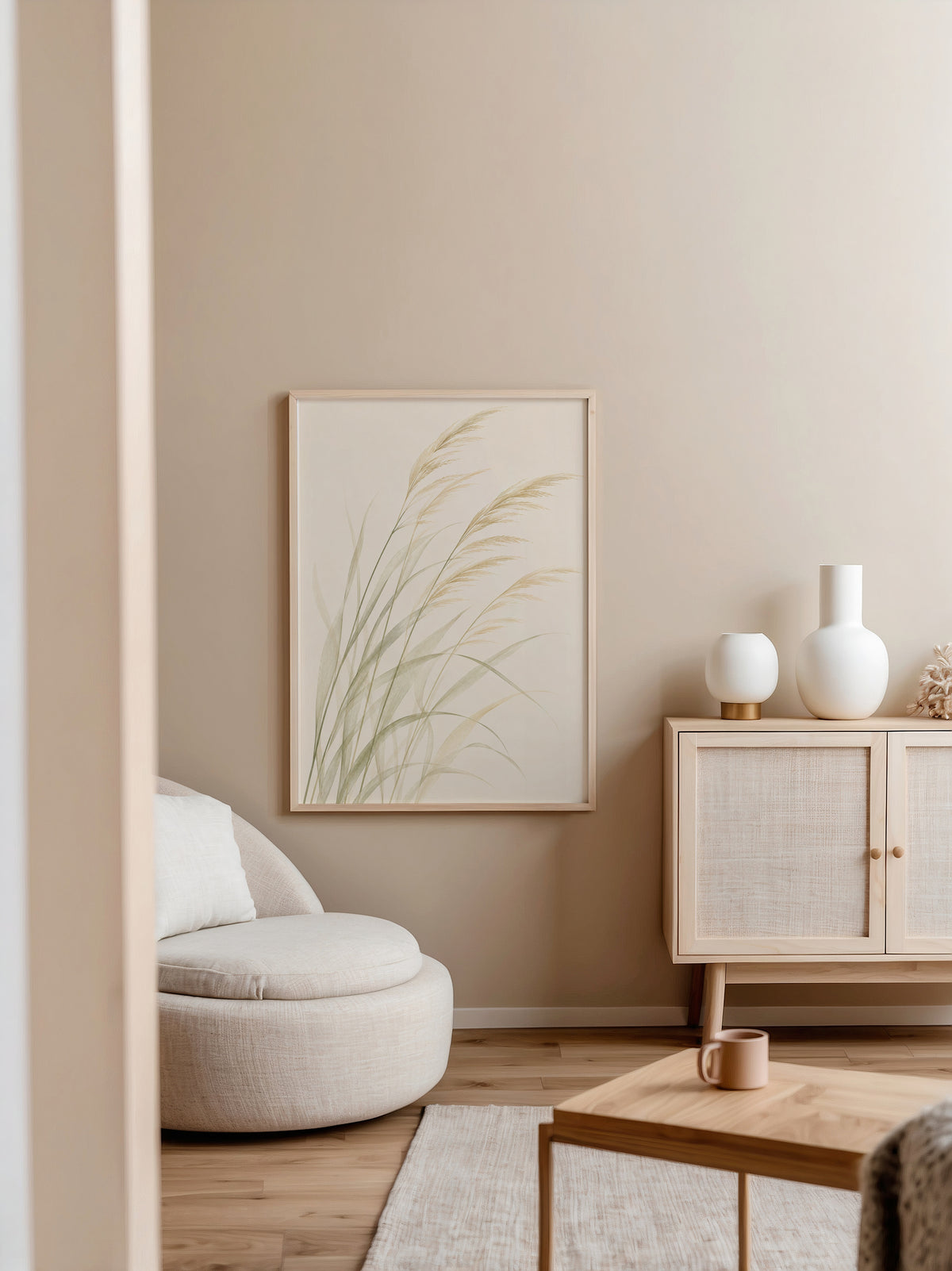 Drifting Reeds affisch i ljust minimalistiskt vardagsrum – köp enkelt hos Bozetto