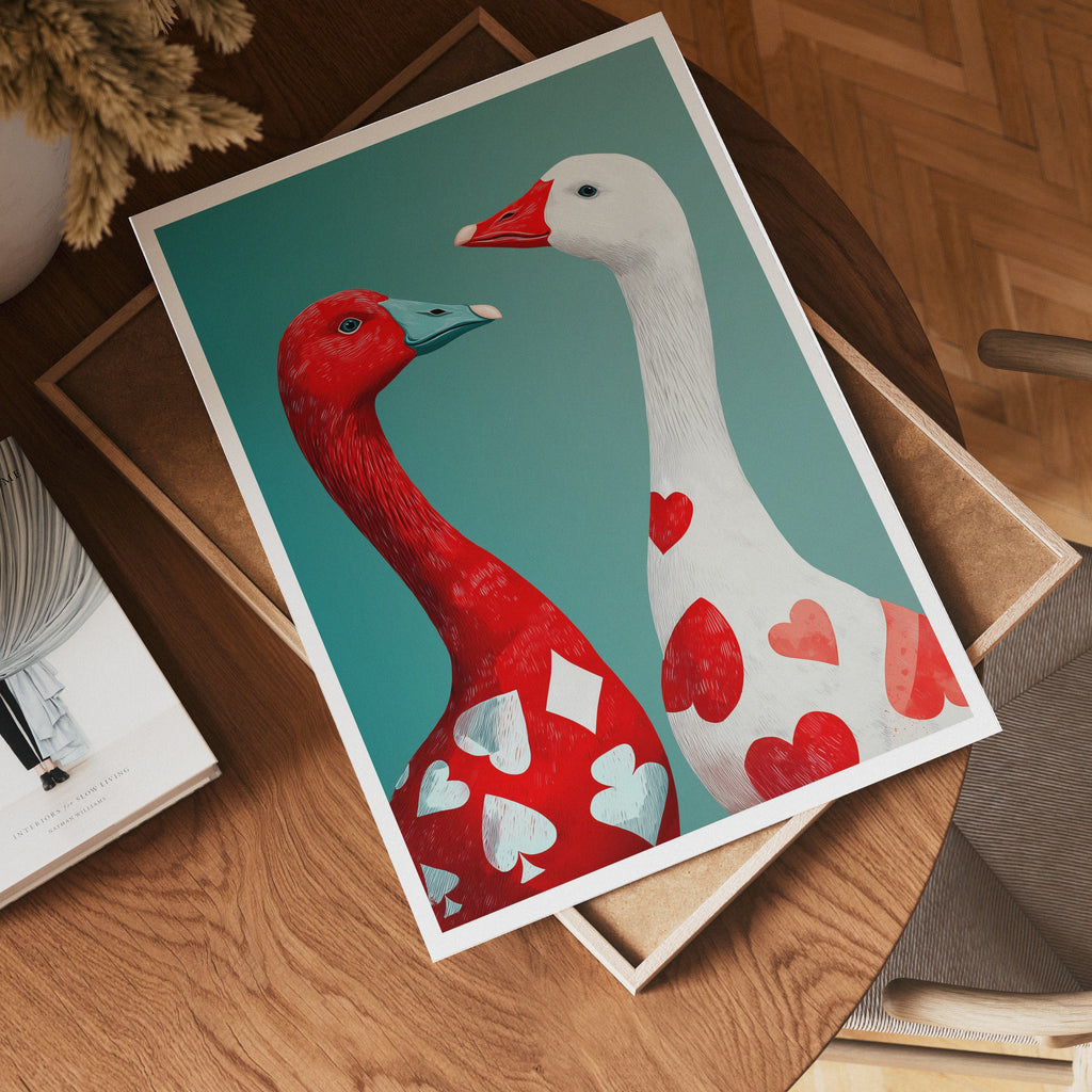 Heart & Spade Geese poster visad rakt fram – Bozetto affisch i hög tryckkvalitet