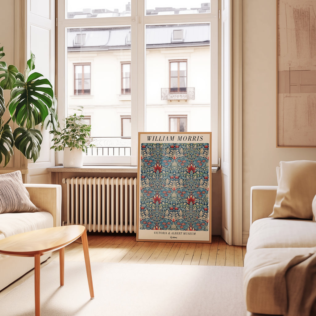 Mockup av William Morris Victoria & affisch på vägg – köp enkelt hos Bozetto i hög kvalitet