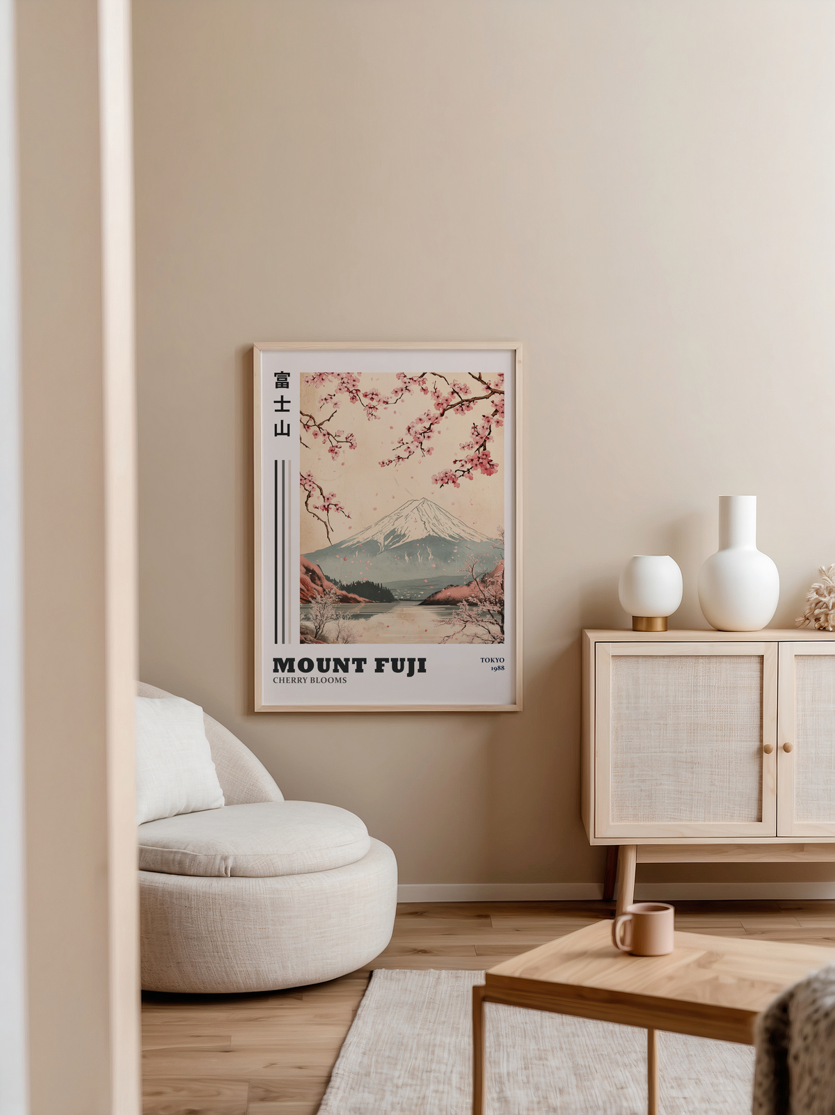 Väggmockup av Mount Fuji affisch på ljus tegelvägg – Bozetto konsttryck i hög tryckkvalitet