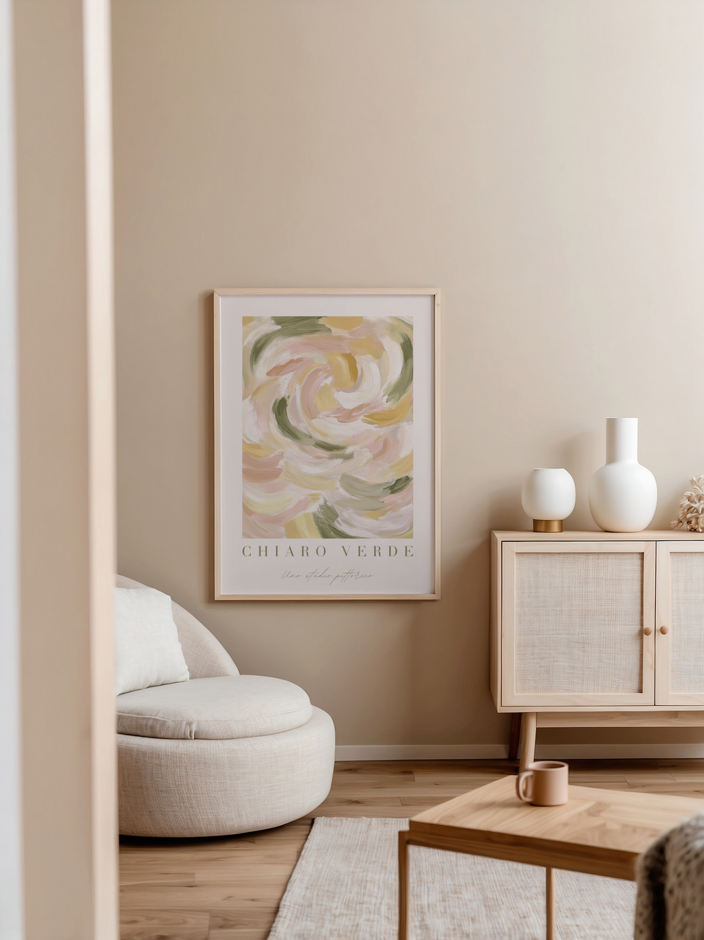 Mockup av Verdant Whisper affisch på vägg – köp enkelt hos Bozetto i hög kvalitet