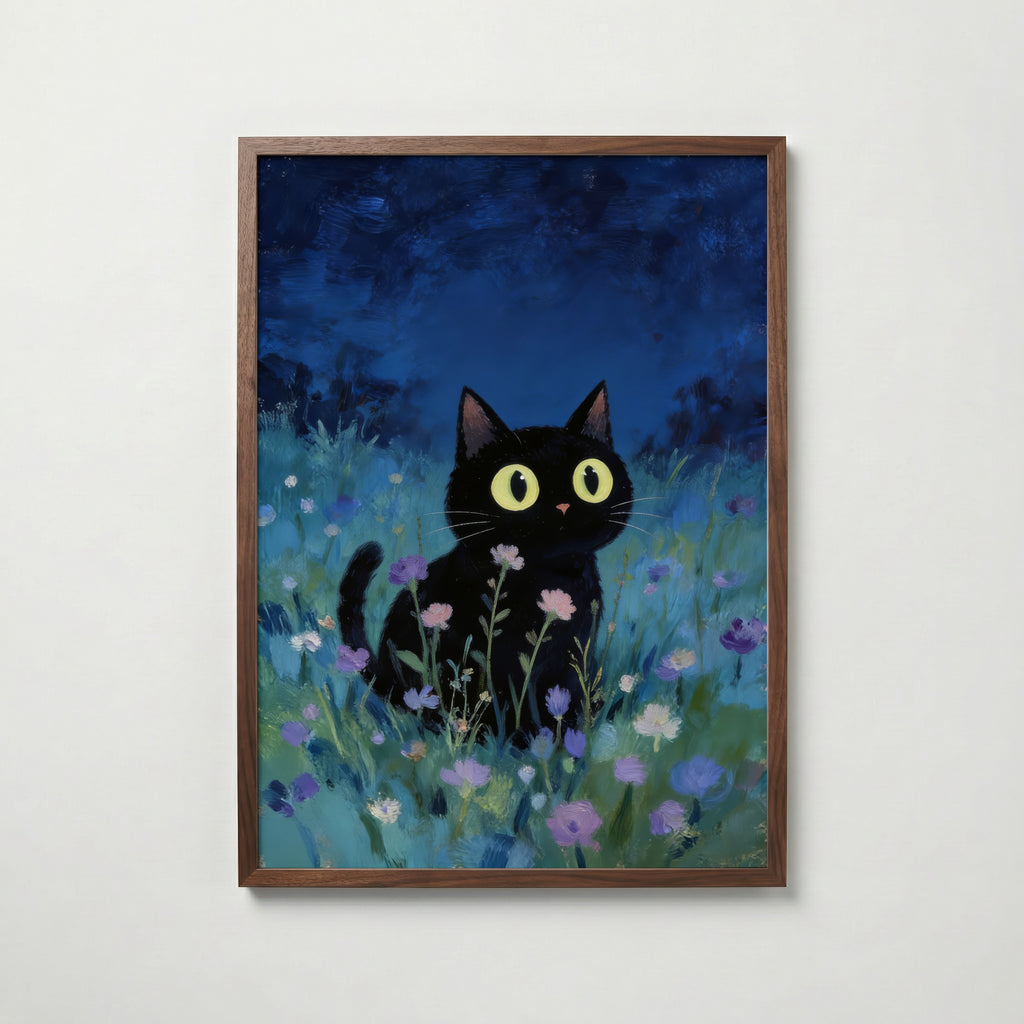 Blue Hour Cat konsttryck på vit bakgrund – elegant Bozetto affisch för hemmet i hög tryckkvalitet
