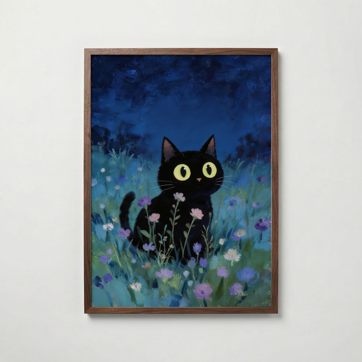 Blue Hour Cat konsttryck på vit bakgrund – elegant Bozetto affisch för hemmet i hög tryckkvalitet