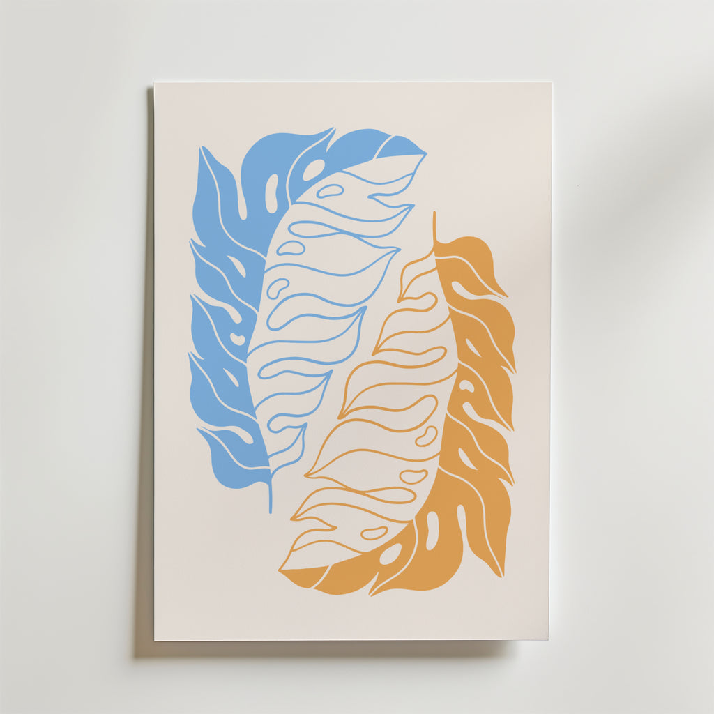 Golden Blue Leaves – stilfullt konsttryck från Bozetto, tryckt på matt finpapper