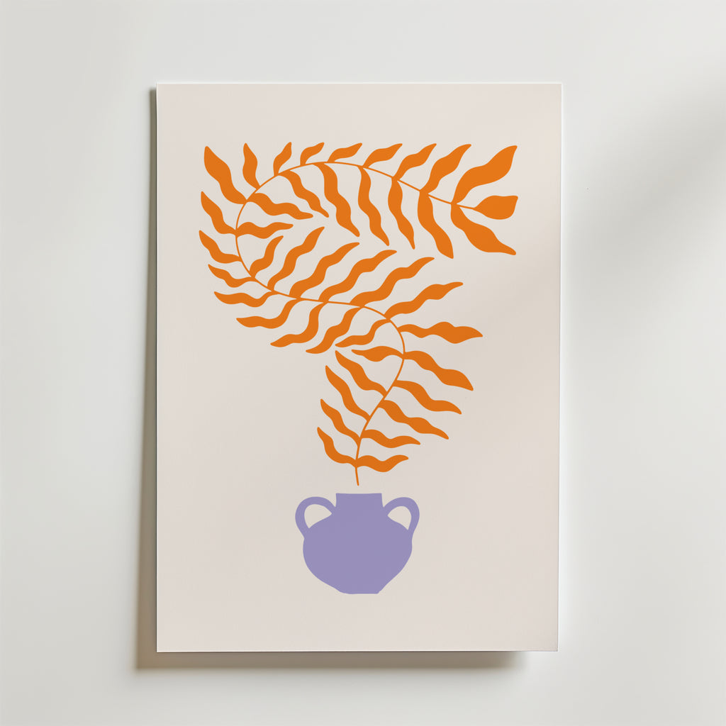 Orange Leaves in Purple Vase – stilfullt konsttryck från Bozetto, tryckt på matt finpapper