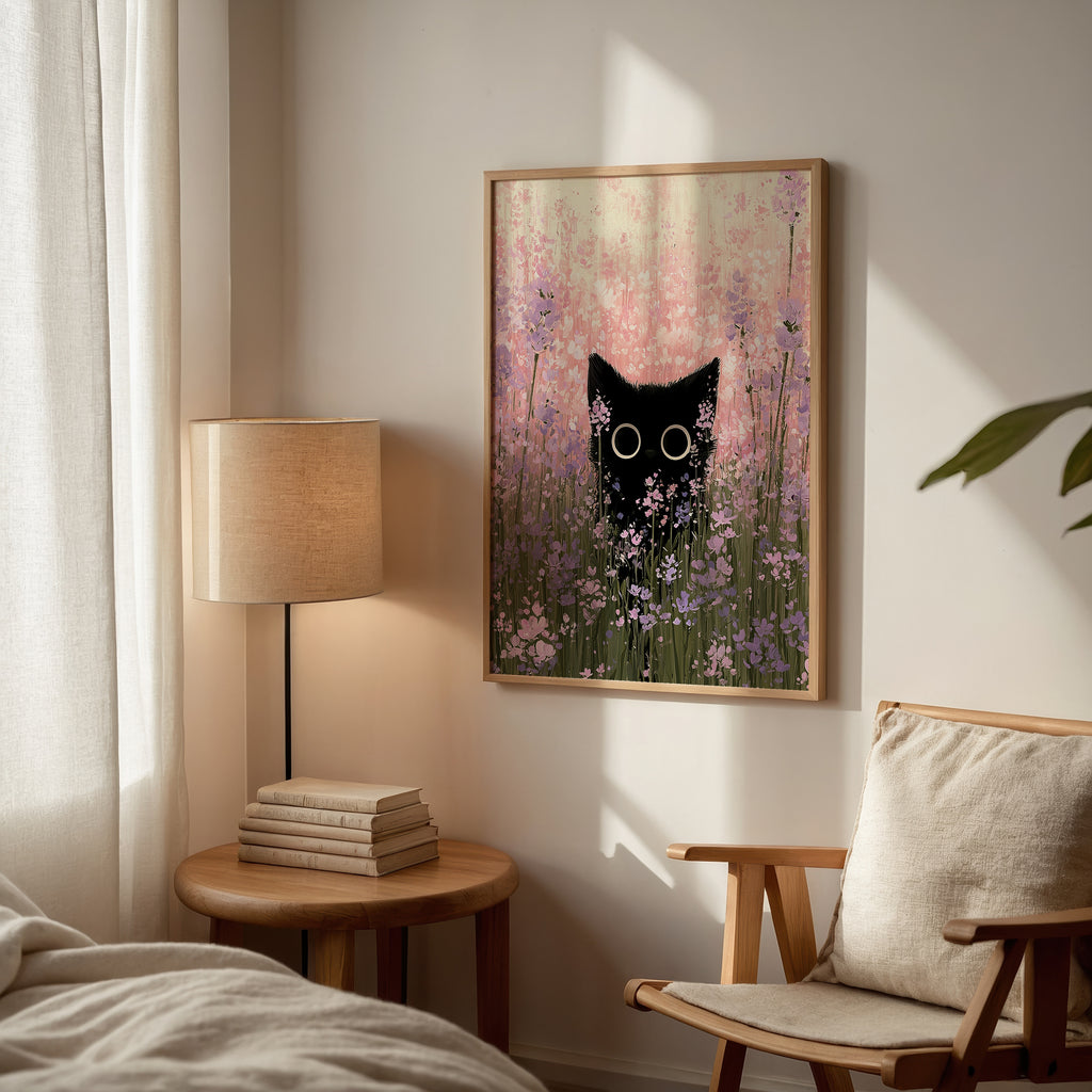 Cat in Bloom Poster – svart katt bland rosa ängsblommor ovanför soffan i hemmiljö, konsttryck från Bozetto
