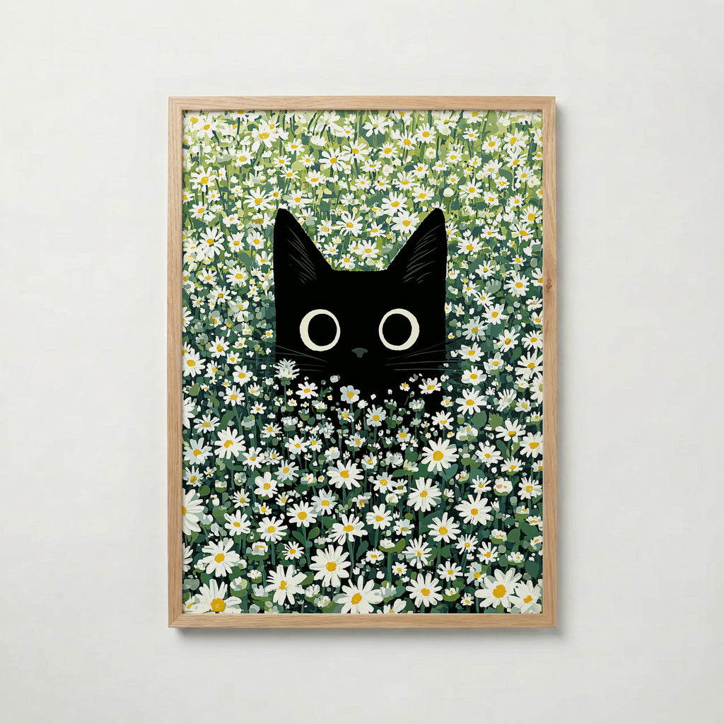 Cat in Green Grass Poster – svart katt bland vita prästkragar i ekram, väggkonst från Bozetto