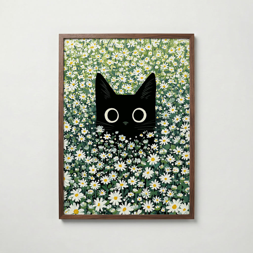 Cat in Green Grass Poster – svart katt bland vita prästkragar i valnötsram, konst från Bozetto
