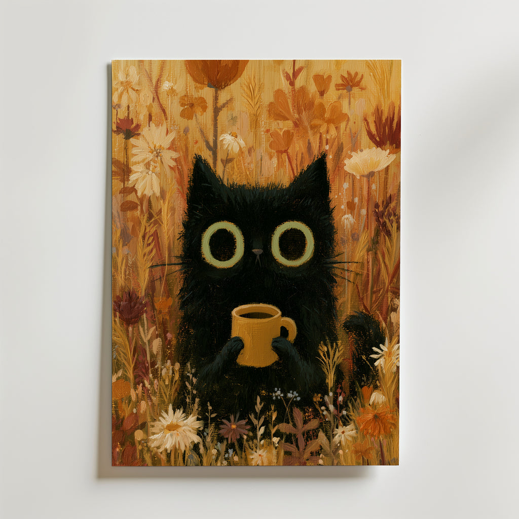 Cat in Orange Meadow Poster – svart katt med kaffekopp i höstäng på canvas, tryckt i Sverige