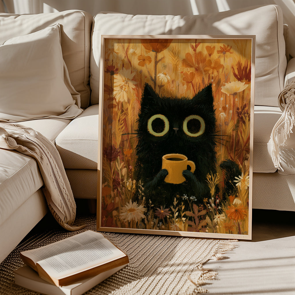 Cat in Orange Meadow Poster – svart katt med kaffekopp i höstäng i ljust vardagsrum, väggkonst från Bozetto