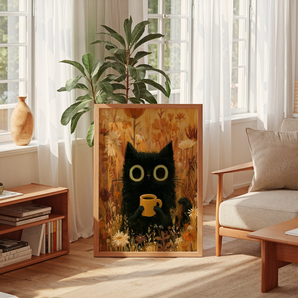 Cat in Orange Meadow Poster – svart katt med kaffekopp i höstäng i modern hemmiljö, poster från Bozetto
