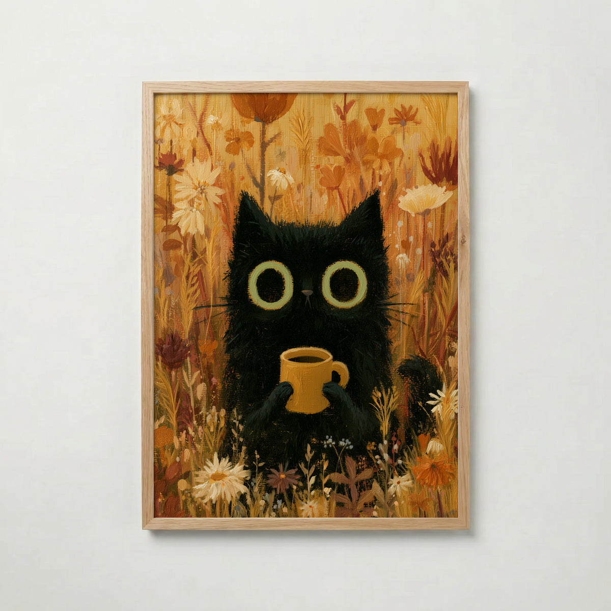 Cat in Orange Meadow Poster – svart katt med kaffekopp i höstäng i ekram, väggkonst från Bozetto