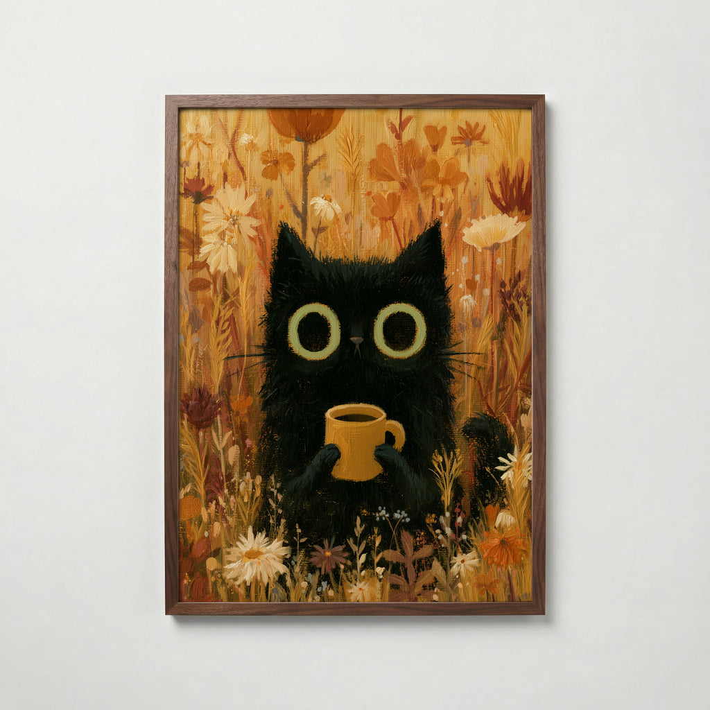 Cat in Orange Meadow Poster – svart katt med kaffekopp i höstäng i valnötsram, konst från Bozetto