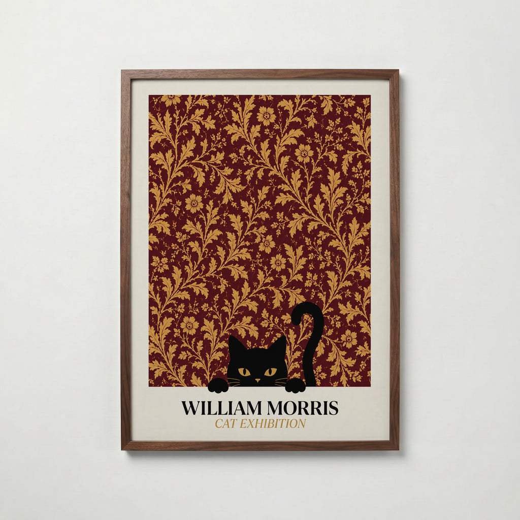 Cat in the Acanthus William Morris Poster – svart katt gömd bland William Morris akantusblad i burgundy och guld