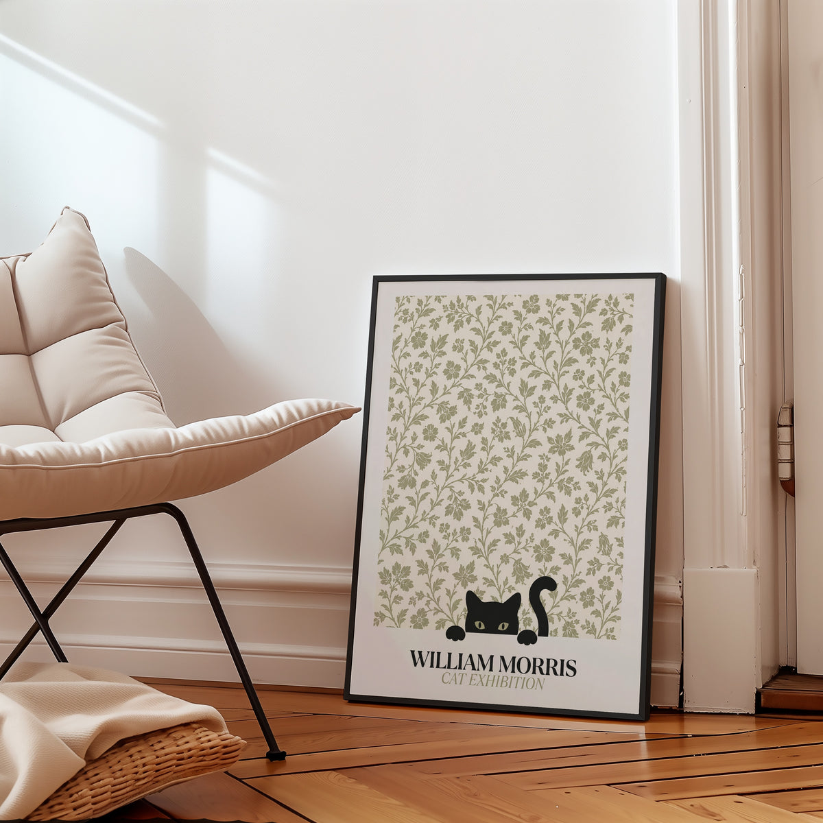 Cat in the Bramble William Morris Poster – svart katt bland William Morris björnbärsmönster i salviagrön