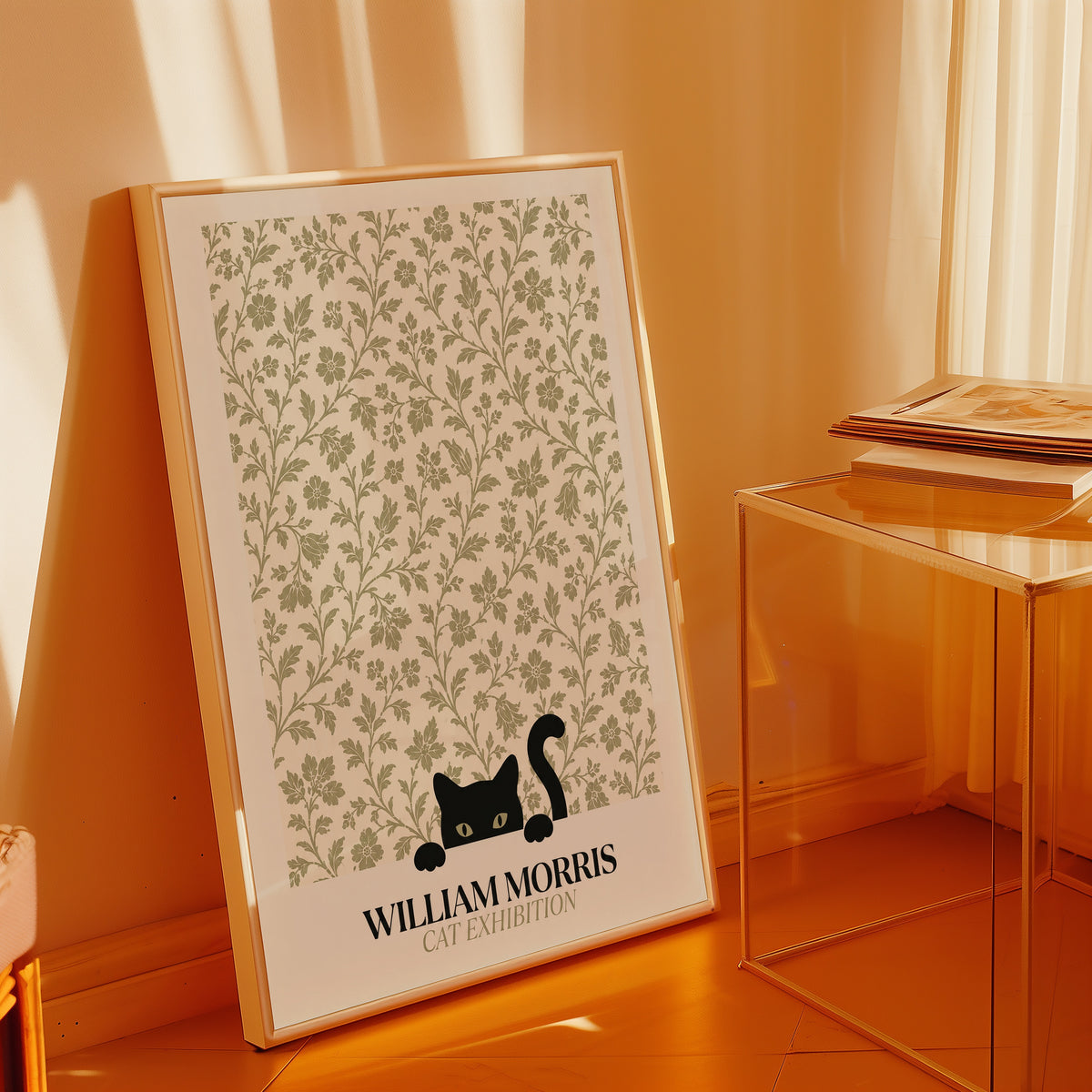 Cat in the Bramble William Morris Poster – svart katt bland William Morris björnbärsmönster i salviagrön