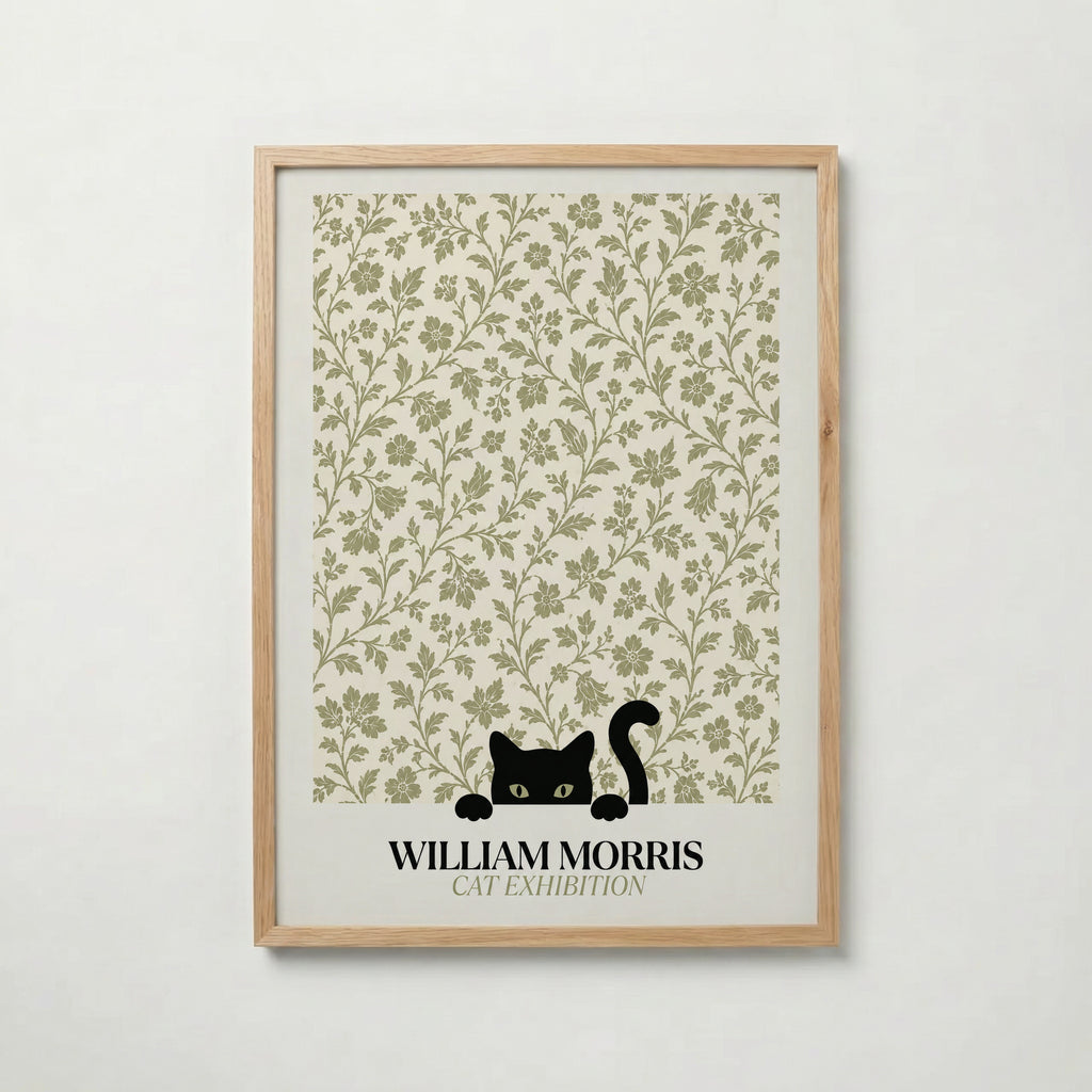 Cat in the Bramble William Morris Poster – svart katt bland William Morris björnbärsmönster i salviagrön