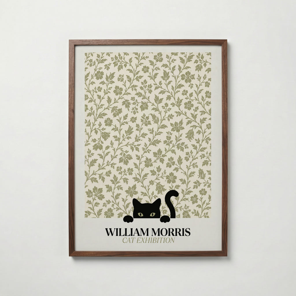 Cat in the Bramble William Morris Poster – svart katt bland William Morris björnbärsmönster i salviagrön
