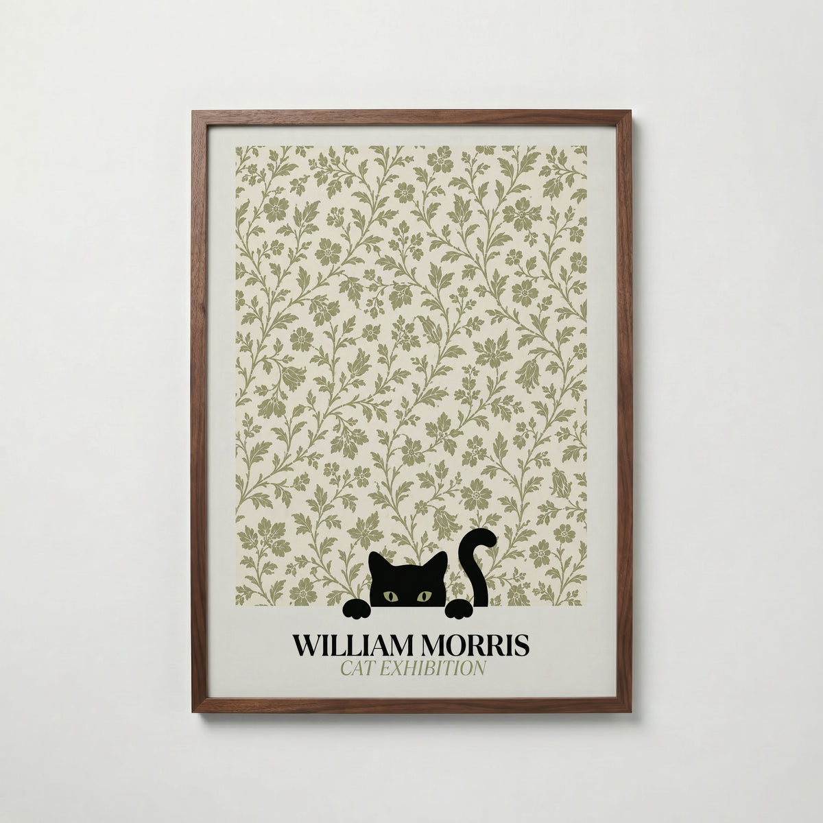 Cat in the Bramble William Morris Poster – svart katt bland William Morris björnbärsmönster i salviagrön