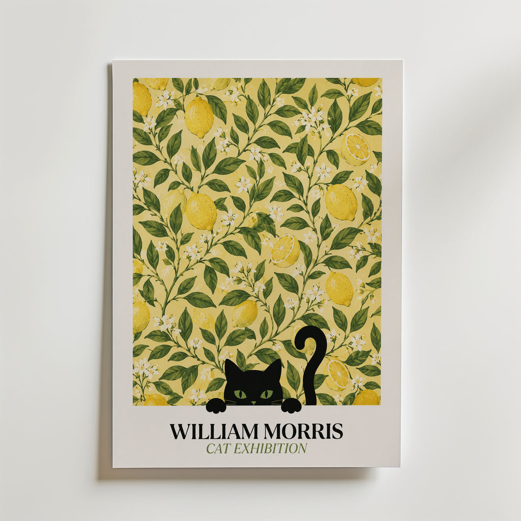 Cat in the Lemon Grove William Morris Poster – svart katt bland William Morris citronträdsmönster i gult