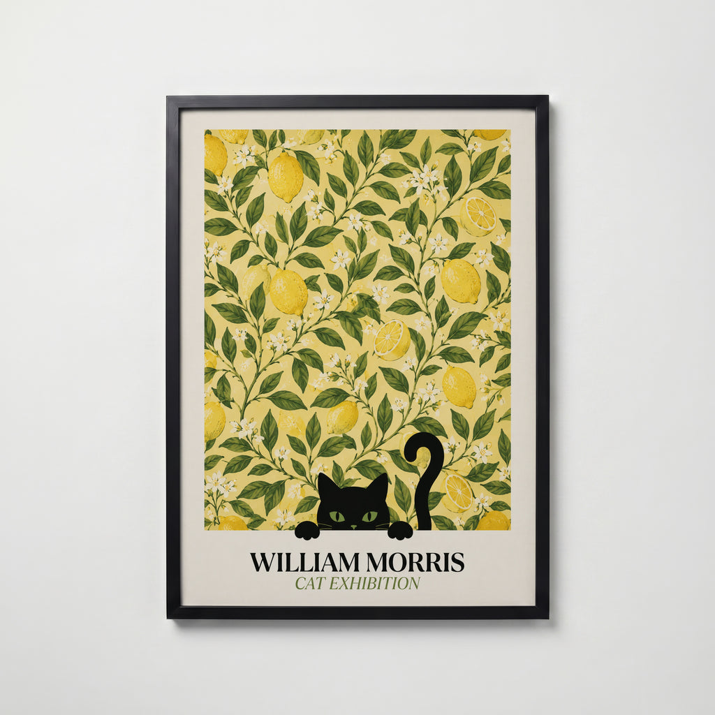 Cat in the Lemon Grove William Morris Poster – svart katt bland William Morris citronträdsmönster i gult