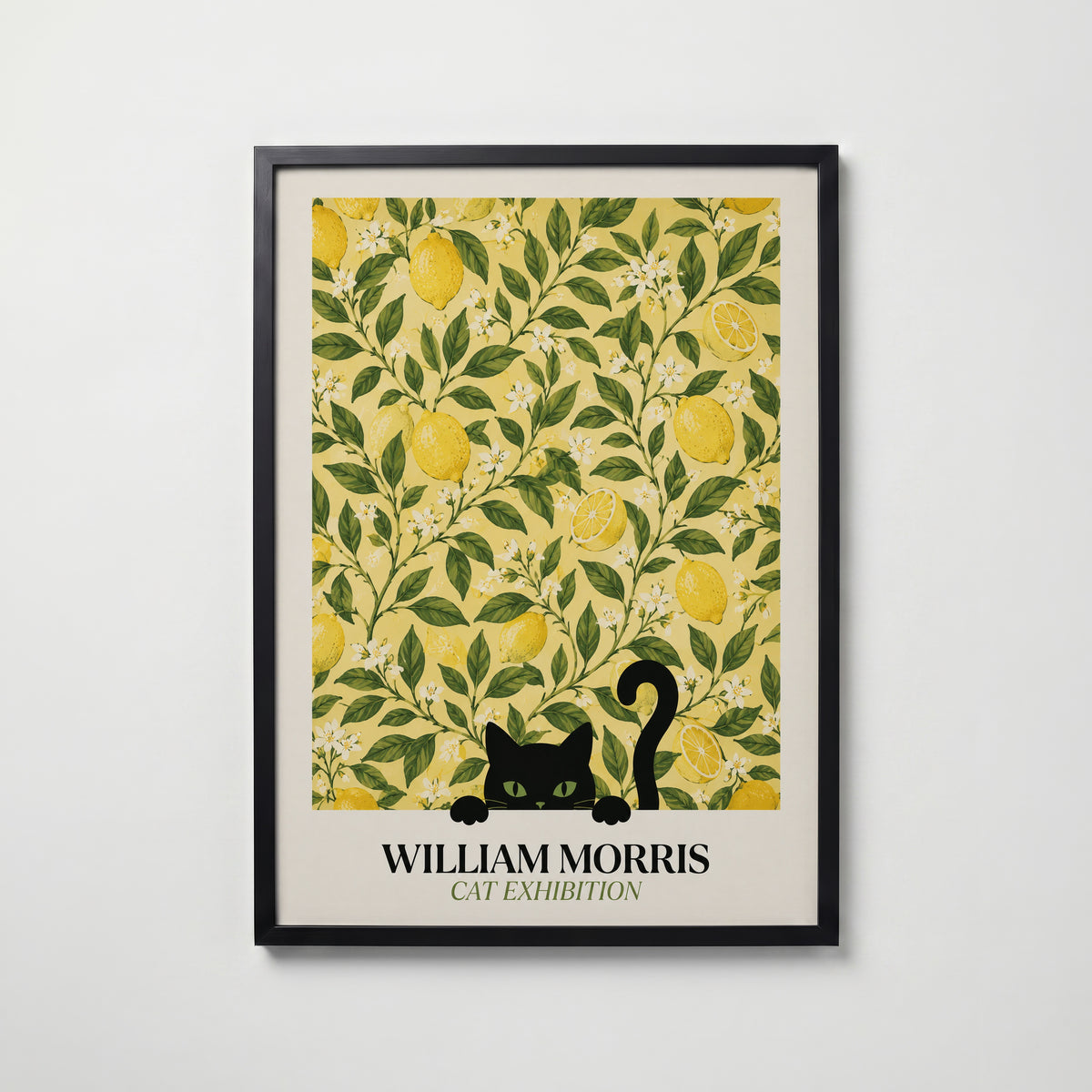 Cat in the Lemon Grove William Morris Poster – svart katt bland William Morris citronträdsmönster i gult